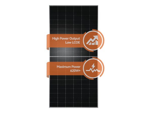 TW Solar 620‑Watt N‑type Monocrystalline Half‑cell Bifacial Solar Panel 66HD620; Voc 48.30 V, Vmp 41.55 V, Imp 14.93 A, Isc 15.95 A, 23.0 % Efficiency